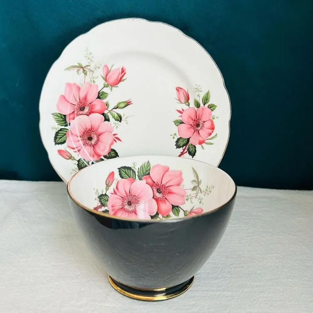 Vintage Old Royal England Pink Rose Porcelain Bowl and Plate